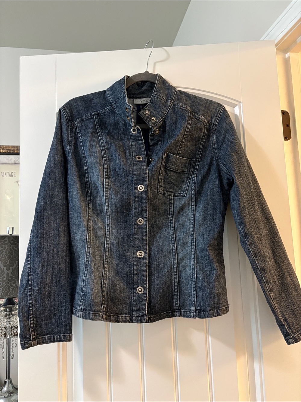 Chico's Dark Indigo Denim Jacket with Stand Collar